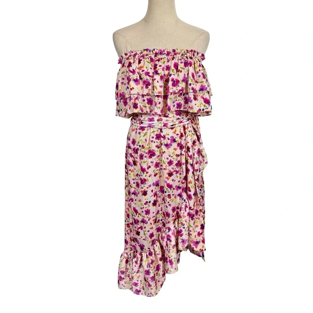 MISA Los Angeles Sabella Strapless Ruffle Tie Waist Midi Dress in Fuchsia Floral